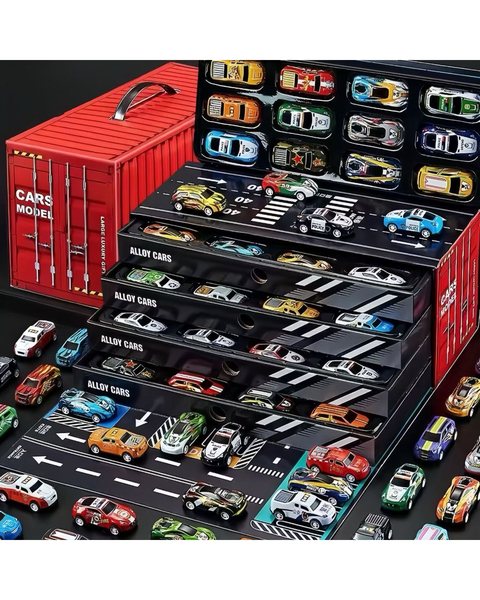 Kit 48 Carrinhos de Fricção com Caixa que Vira Pista